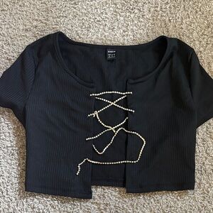 SHEIN Black Crop Top with Crisscross Rhinestones
